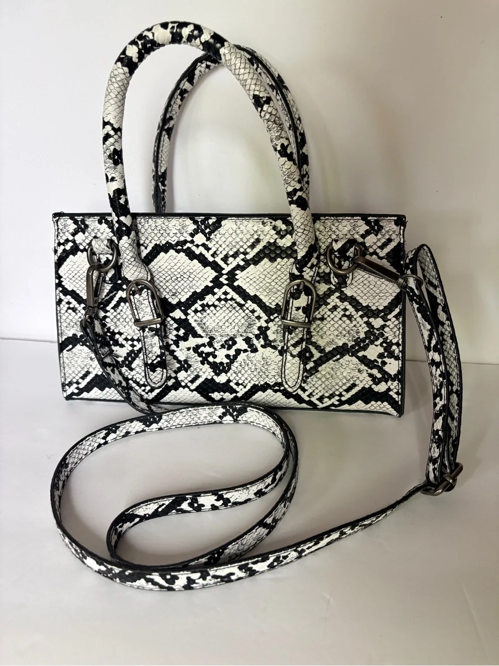 Ed Hardy Black & White Snake-Print Satchel with Skull Rose Charm